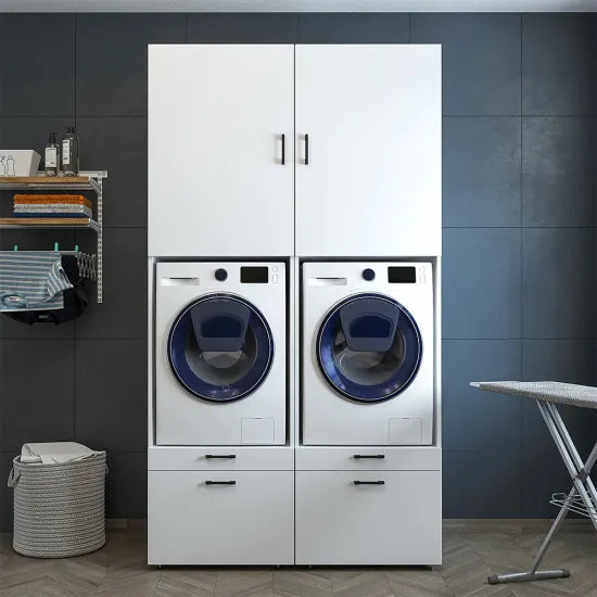 Cabinet for washing machine and tumble dryer with panels 87 cm, white, drawer + pull-out board