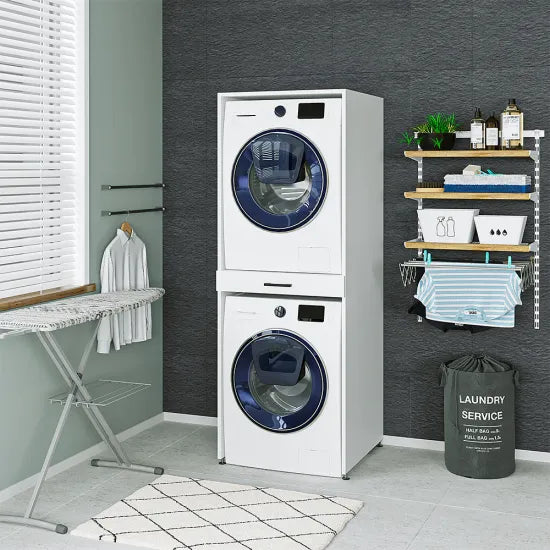 Cabinet for washing machine and dryer, with pull-out shelf, white