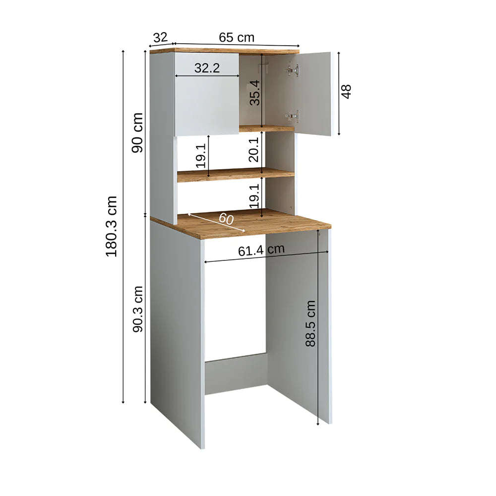 Cabinet for washing machine, white/oak, MONICA, 65 x 181 x 60 cm