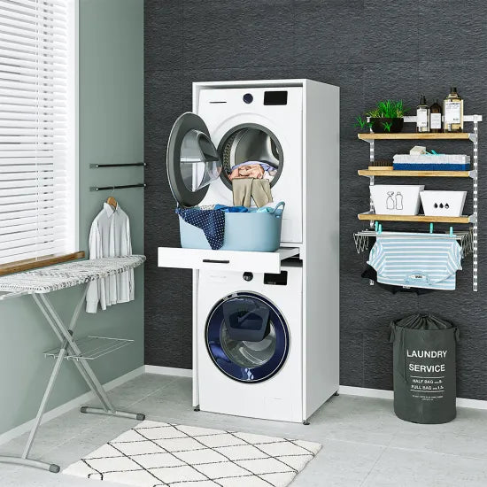 Cabinet for washing machine and dryer, with pull-out shelf, white
