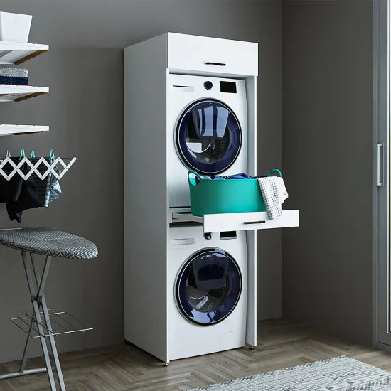 Cabinet for washing machine and dryer, with pull-out shelf, with 22 cm folding cabinet, White