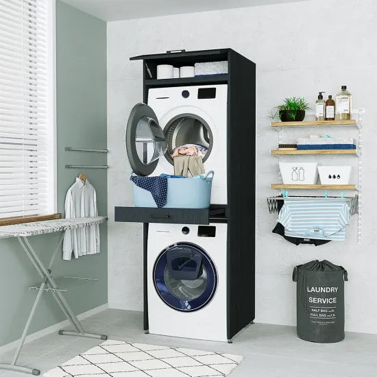 Cabinet for washing machine and dryer, with pull-out shelf, with 22 cm folding cabinet, black
