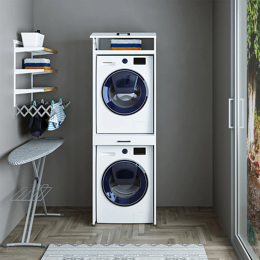 Cabinet for washing machine and dryer, with pull-out shelf, with 22 cm folding cabinet, White