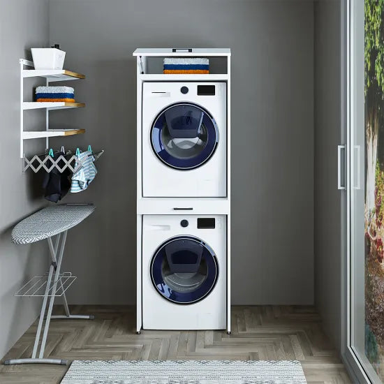 Cabinet for washing machine and dryer, with pull-out shelf, with 22 cm folding cabinet, White