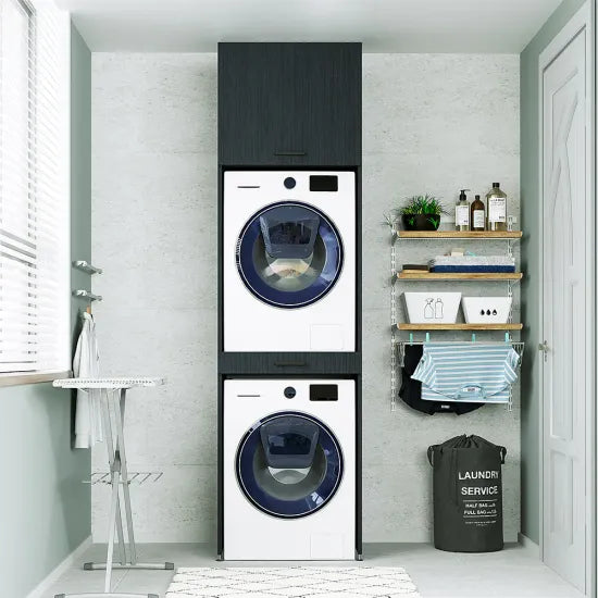 Cabinet for washing machine and dryer, with pull-out shelf, with 57 cm folding cabinet, Black